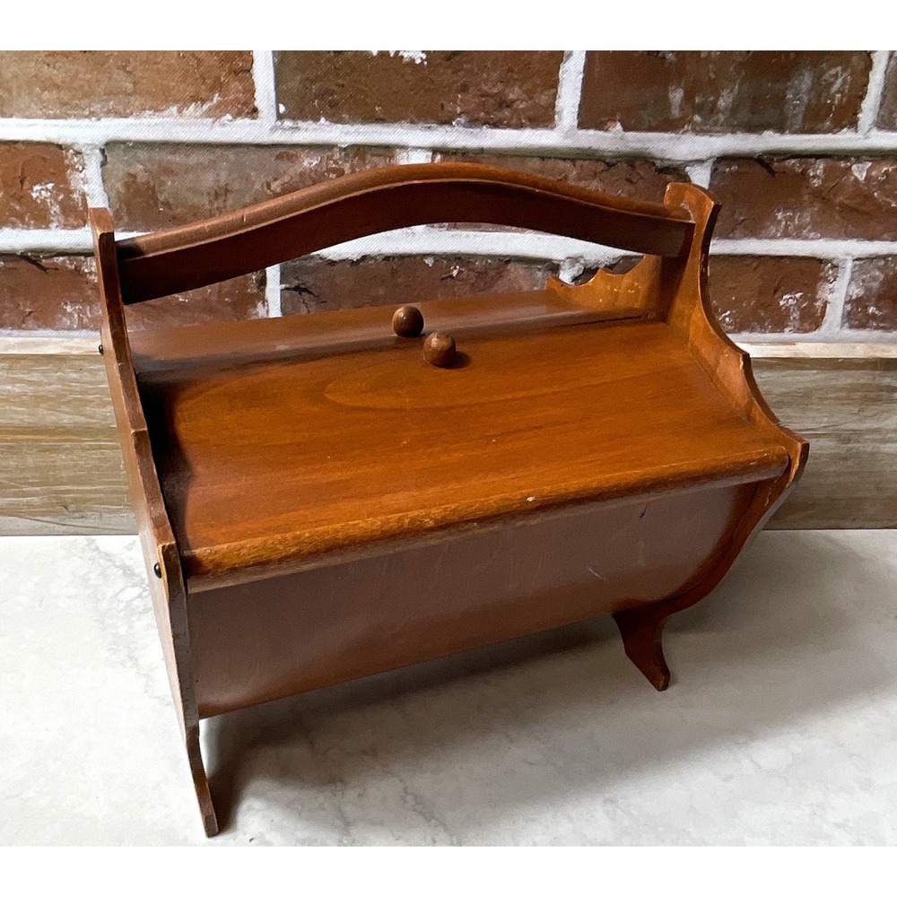 Antique Wood Sewing Basket with Handle & Hinged Lid, Brown 10 x 8 x 10 in